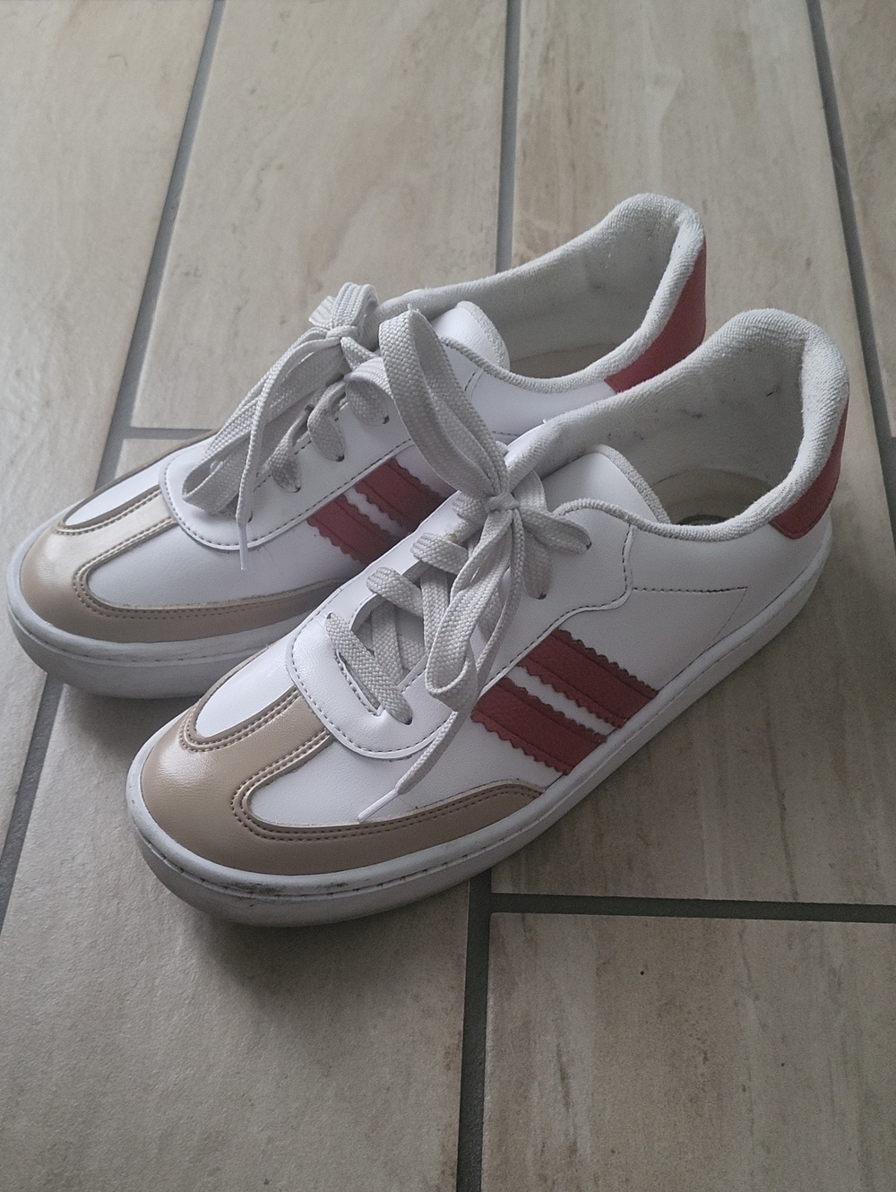 White Sneakers with Red and Tan Accents